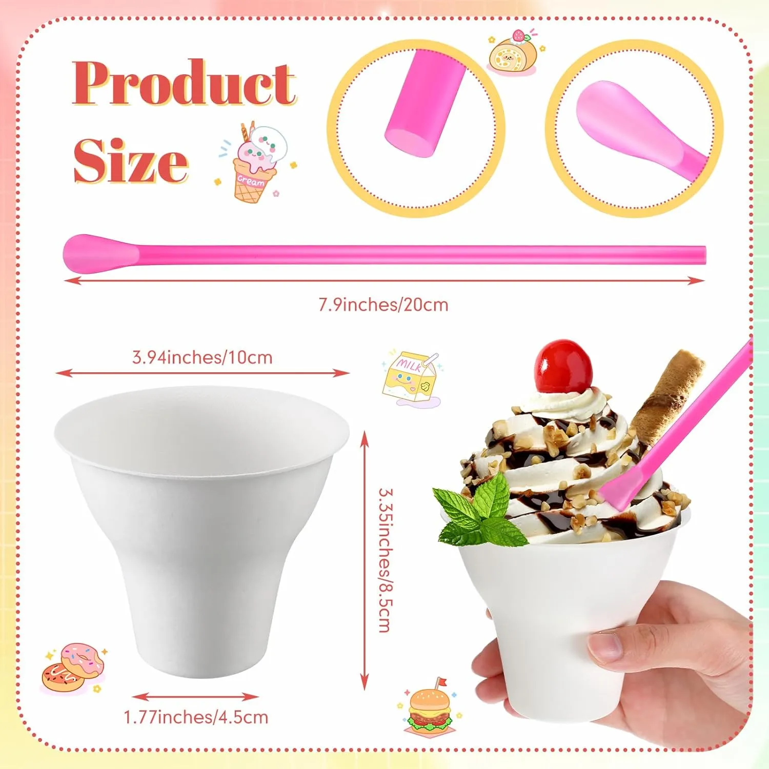 100 Set Snow Cone Cups and Straws Set 12 oz Colorful Shaved Ice Snow Straws Ice Cream Bowls Thicken Paper Cups for Wedding Birthday Party Food Holiday Summer Cookout