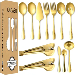 12 Pcs Gold Serving Utensils, Stainless Steel Serving Utensil Set Include Serving Spoons,Slotted Spoons,Tongs,Forks,Butter Knife,Soup Ladle,Pie Server,for Parties Wedding Christmas