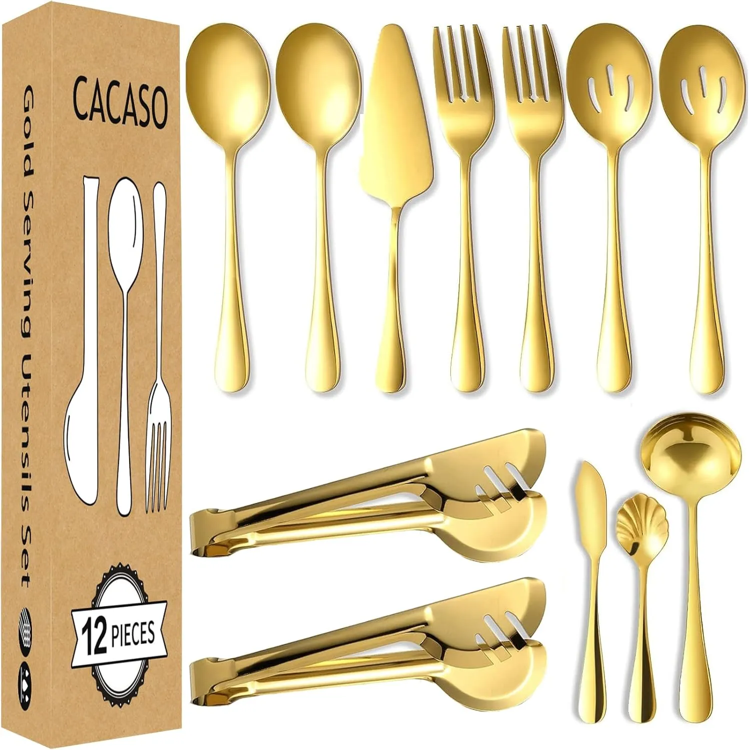 12 Pcs Gold Serving Utensils, Stainless Steel Serving Utensil Set Include Serving Spoons,Slotted Spoons,Tongs,Forks,Butter Knife,Soup Ladle,Pie Server,for Parties Wedding Christmas