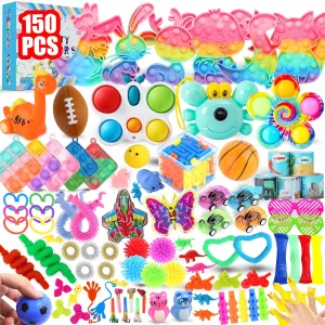 150Pcs Fidget Toys Pack, Bulk Party Favors for Kids, Stocking Stuffers, Treasure Box Chest, Birthday Party, Classroom Carnival Prizes, Pinata Stuffers, Goodie Bag Stuffers, Stress Relief, Sensory Toy