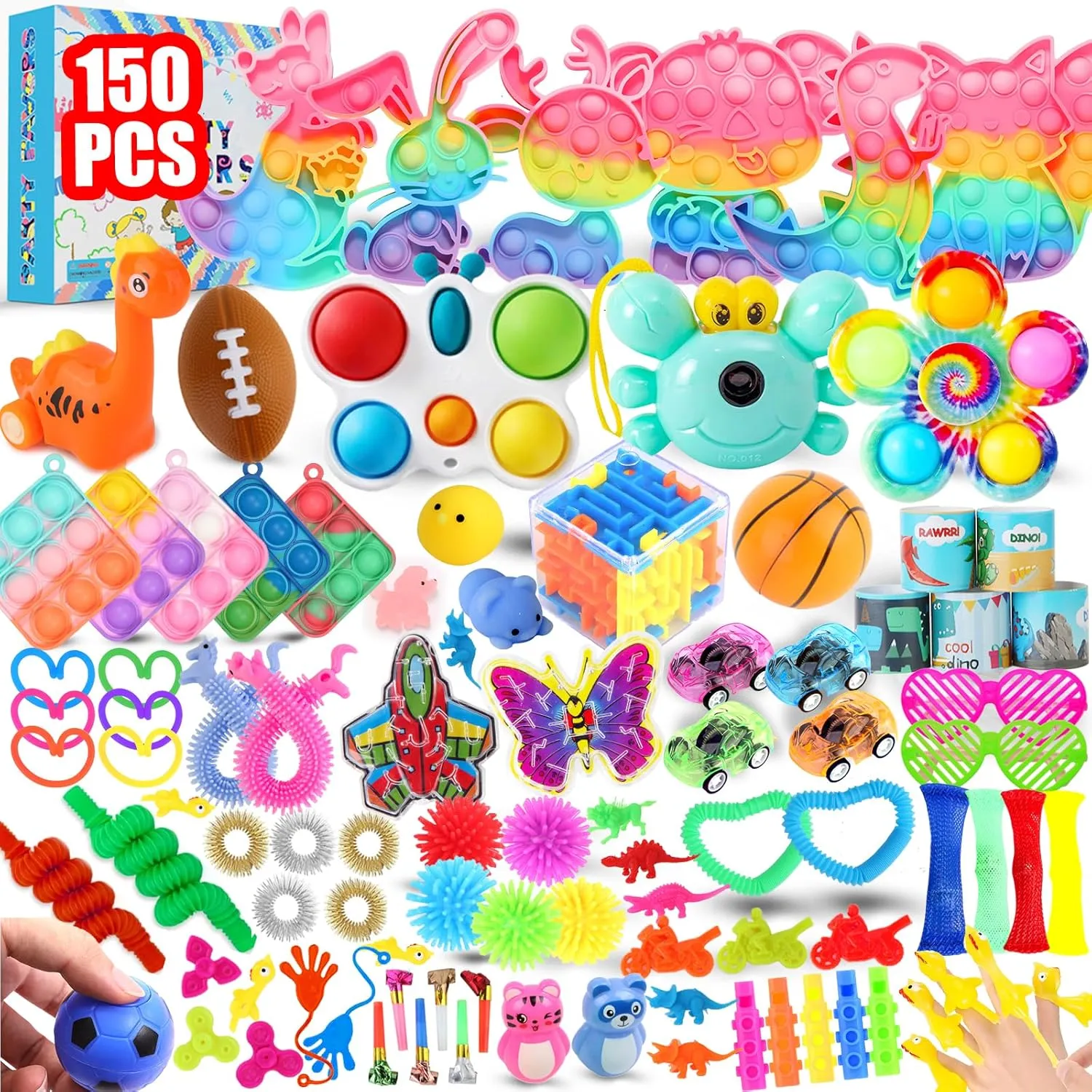 150Pcs Fidget Toys Pack, Bulk Party Favors for Kids, Stocking Stuffers, Treasure Box Chest, Birthday Party, Classroom Carnival Prizes, Pinata Stuffers, Goodie Bag Stuffers, Stress Relief, Sensory Toy