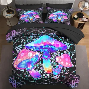 5 Pcs Twin Size Comforter Set with Pillowcase & Sham, Hippie Mushroom Bedding for Kids and Adults, Colorful Dream Mandela Bed in a Bag with Flat Fitted Sheet