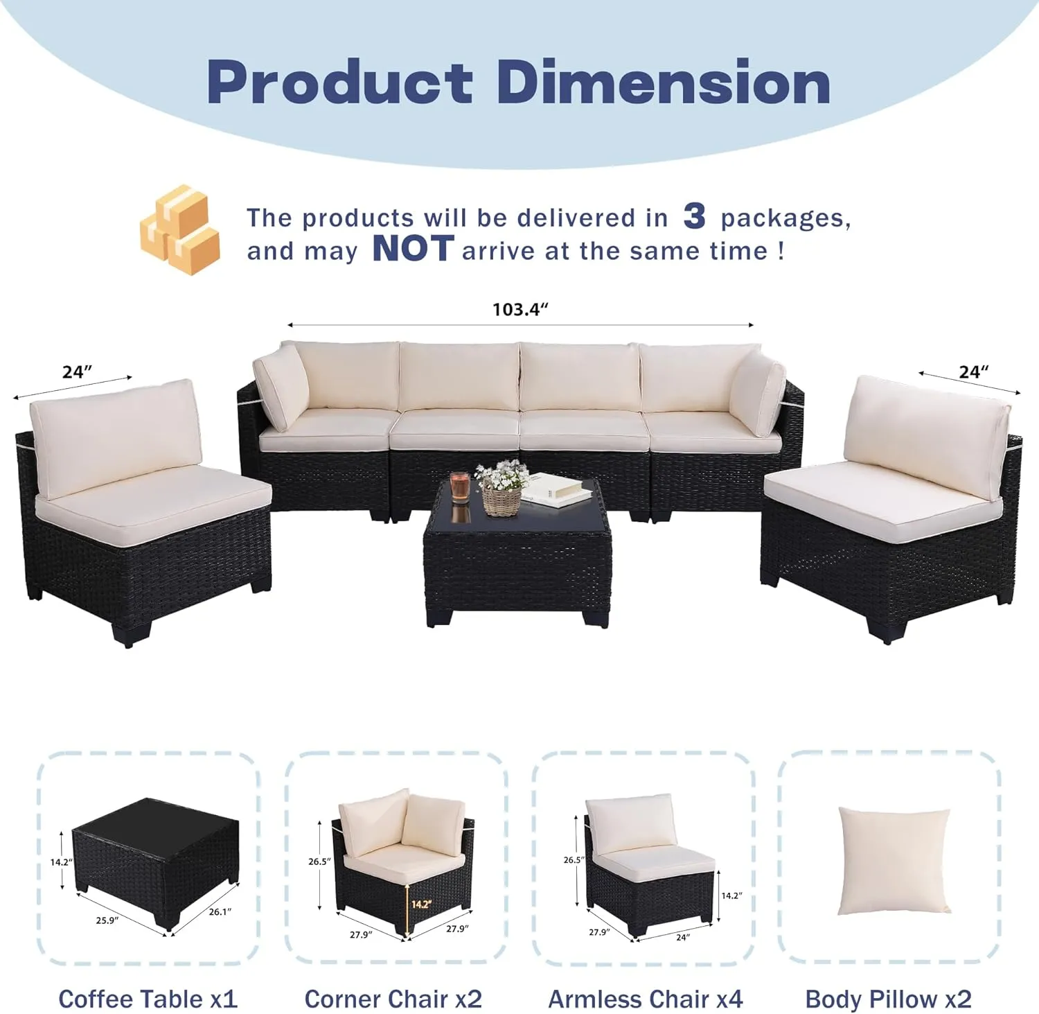 7 Piece Outdoor Patio Furniture Set, Rattan Chairs Glass Table Wicker Conversation Seating Sectional Sofa with Cushions Colorful (A-Black-White, A-7 Pieces-Tilted Back)