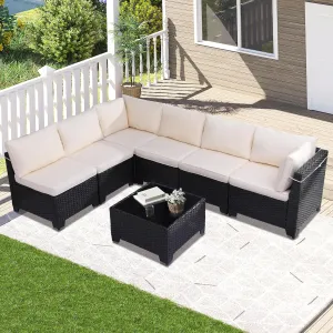 7 Piece Outdoor Patio Furniture Set, Rattan Chairs Glass Table Wicker Conversation Seating Sectional Sofa with Cushions Colorful (A-Black-White, A-7 Pieces-Tilted Back)