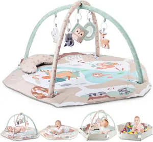 AIBOMUDA Baby Gym Play Mat,Baby Activity Play Mat & & Ball Pit,Washable Tummy Time Mat with 5 Sensory Baby Toys,Boy & Girl Gifts for Inflant Baby 0 3 6 9 13 Months