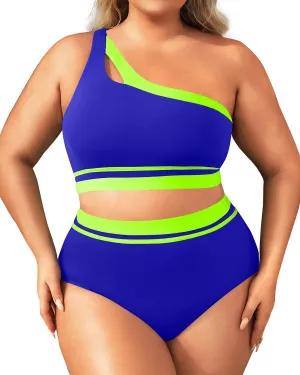 Aqua Eve Women Plus Size High Waisted Bikini One Shoulder Two Piece Swimsuit Color Block Bathing Suits
