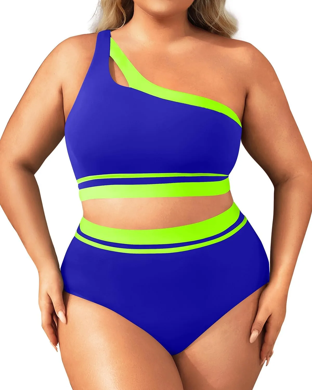 Aqua Eve Women Plus Size High Waisted Bikini One Shoulder Two Piece Swimsuit Color Block Bathing Suits