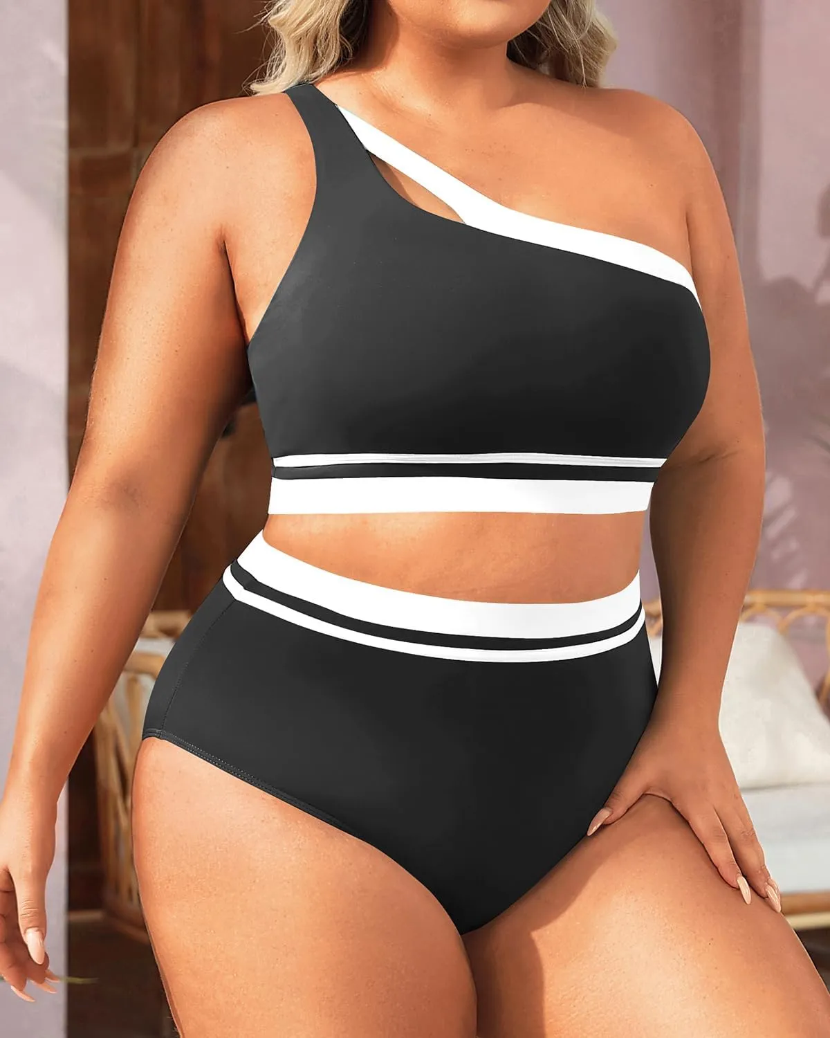 Aqua Eve Women Plus Size High Waisted Bikini One Shoulder Two Piece Swimsuit Color Block Bathing Suits