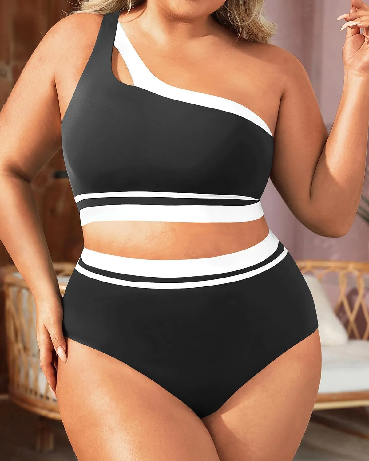 Aqua Eve Women Plus Size High Waisted Bikini One Shoulder Two Piece Swimsuit Color Block Bathing Suits