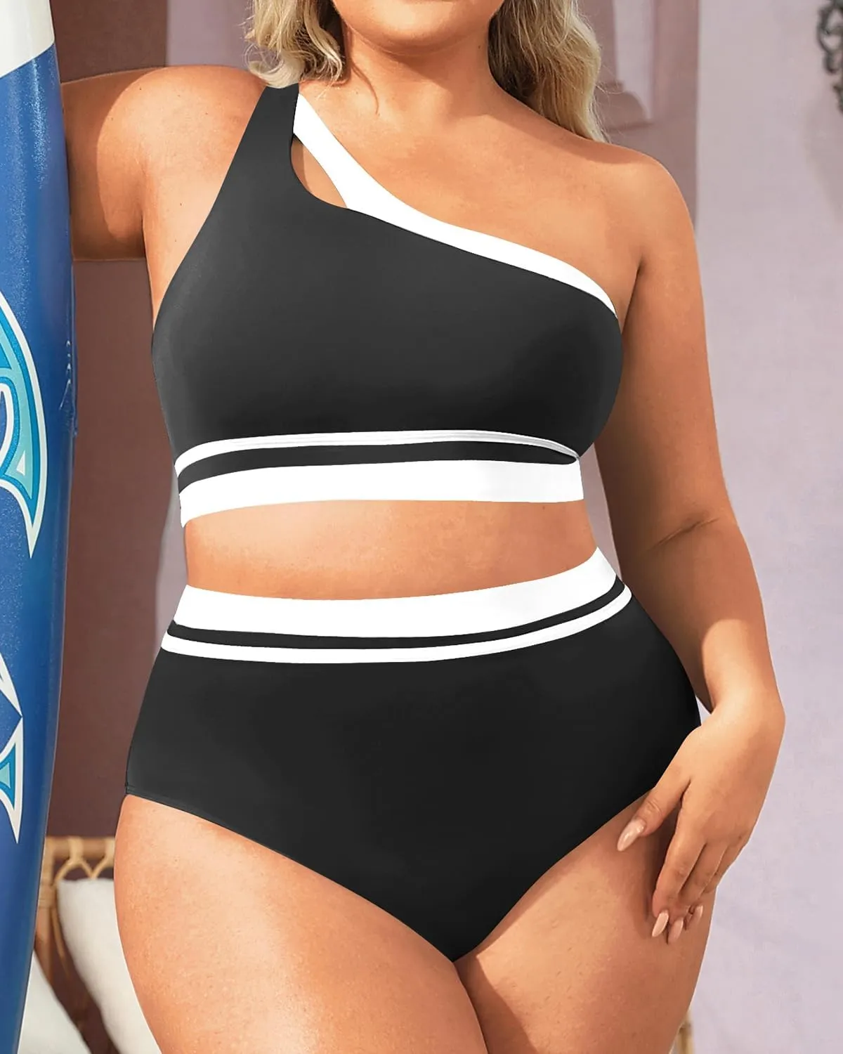 Aqua Eve Women Plus Size High Waisted Bikini One Shoulder Two Piece Swimsuit Color Block Bathing Suits