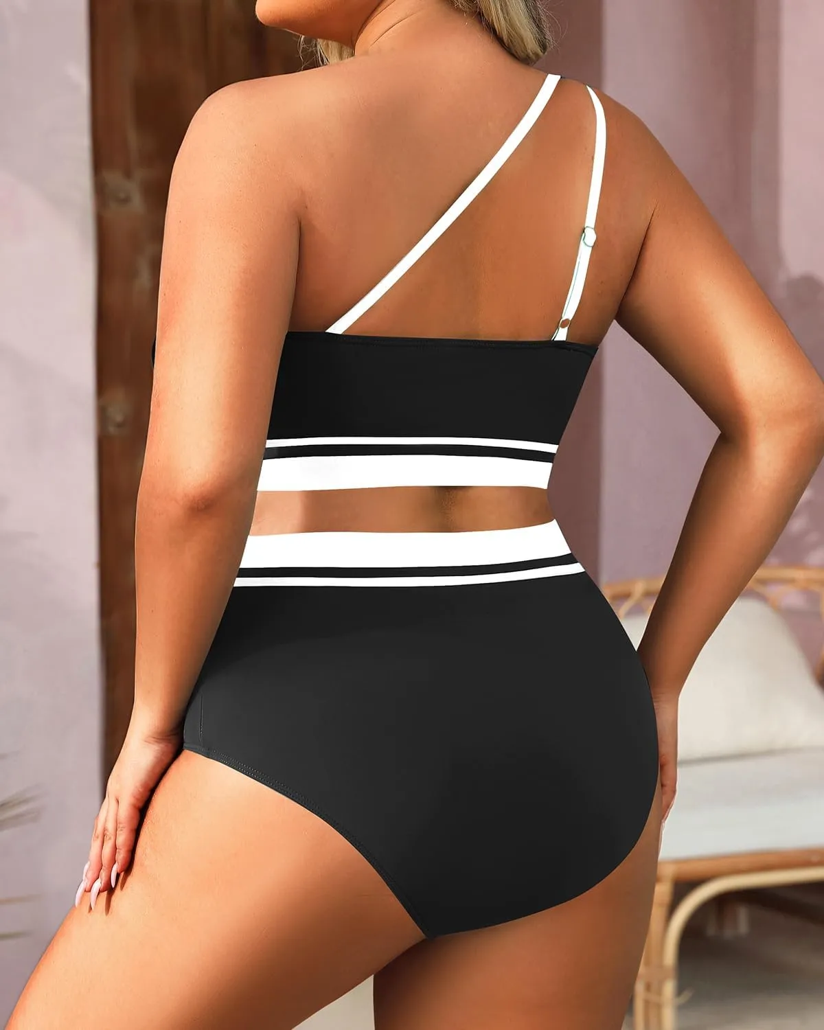 Aqua Eve Women Plus Size High Waisted Bikini One Shoulder Two Piece Swimsuit Color Block Bathing Suits