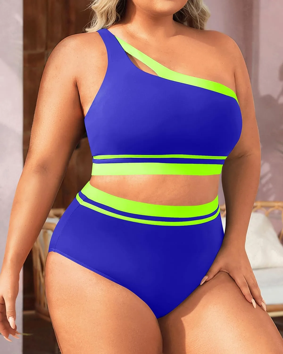 Aqua Eve Women Plus Size High Waisted Bikini One Shoulder Two Piece Swimsuit Color Block Bathing Suits
