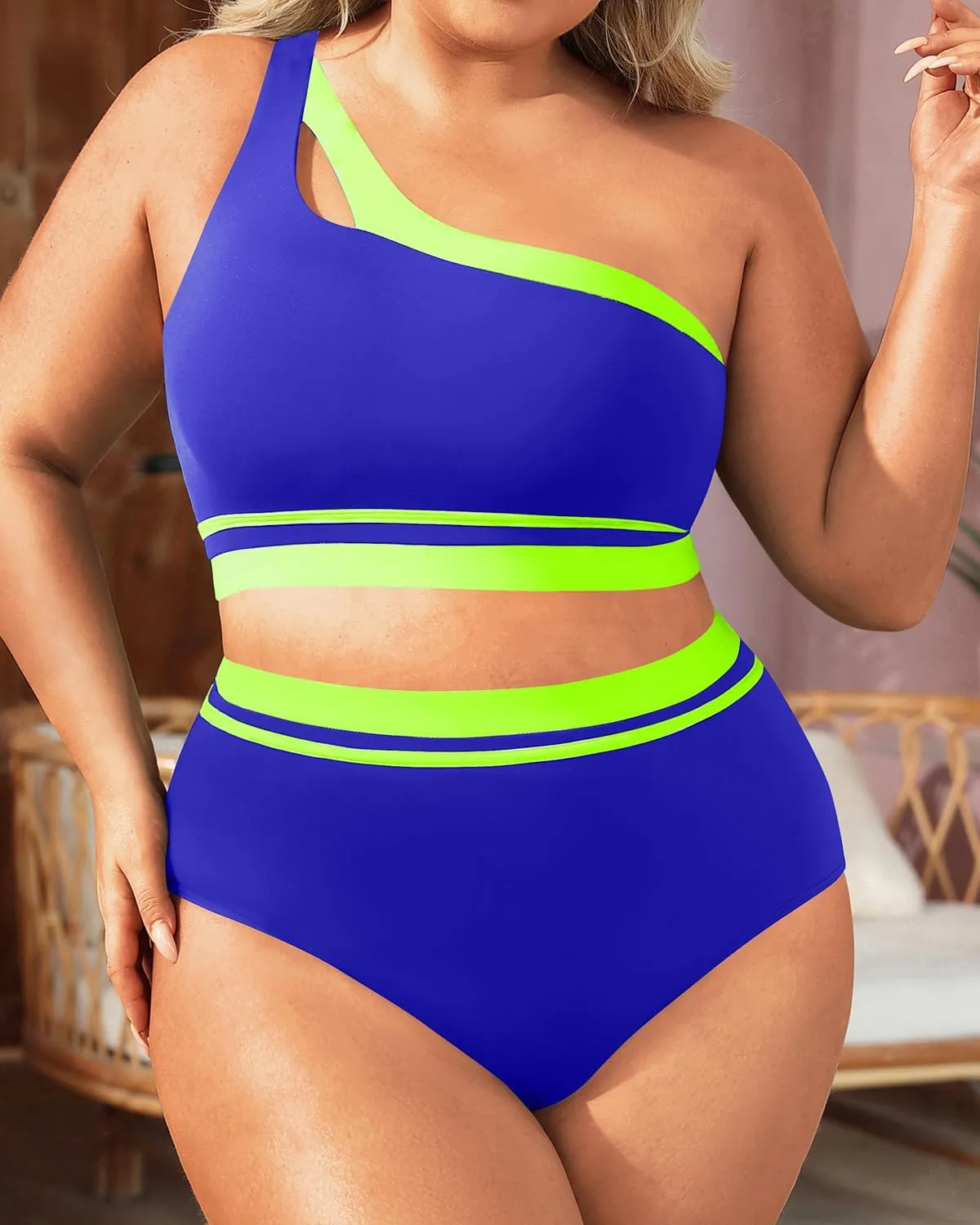 Aqua Eve Women Plus Size High Waisted Bikini One Shoulder Two Piece Swimsuit Color Block Bathing Suits