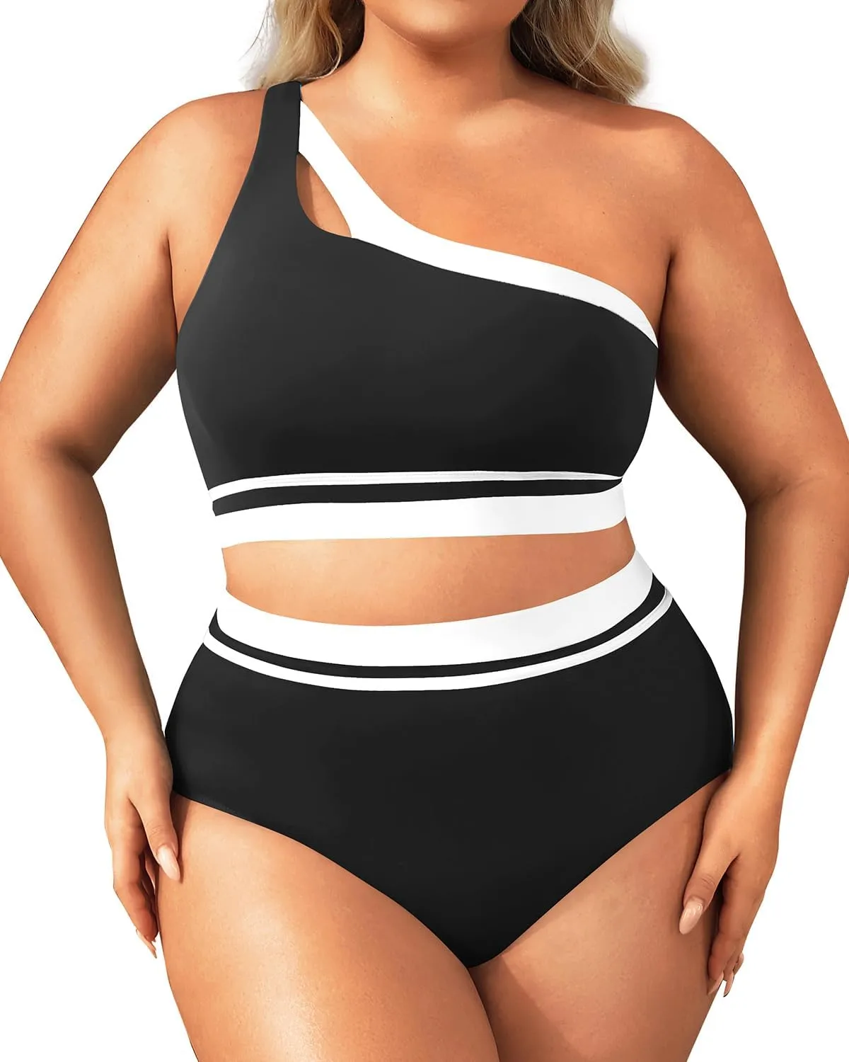 Aqua Eve Women Plus Size High Waisted Bikini One Shoulder Two Piece Swimsuit Color Block Bathing Suits