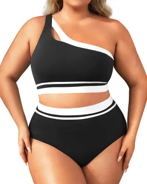 Aqua Eve Women Plus Size High Waisted Bikini One Shoulder Two Piece Swimsuit Color Block Bathing Suits