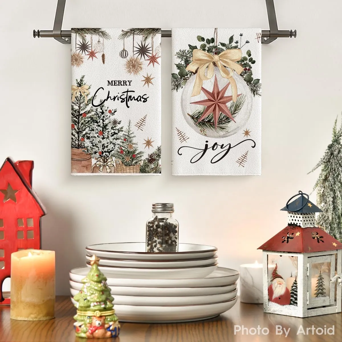 Artoid Mode Beige Xmas Tree Merry Christmas Kitchen Towels Dish Towels, 18x26 Inch Holiday Gloves Ball Hello Winter Decoration Hand Towels Set of 4