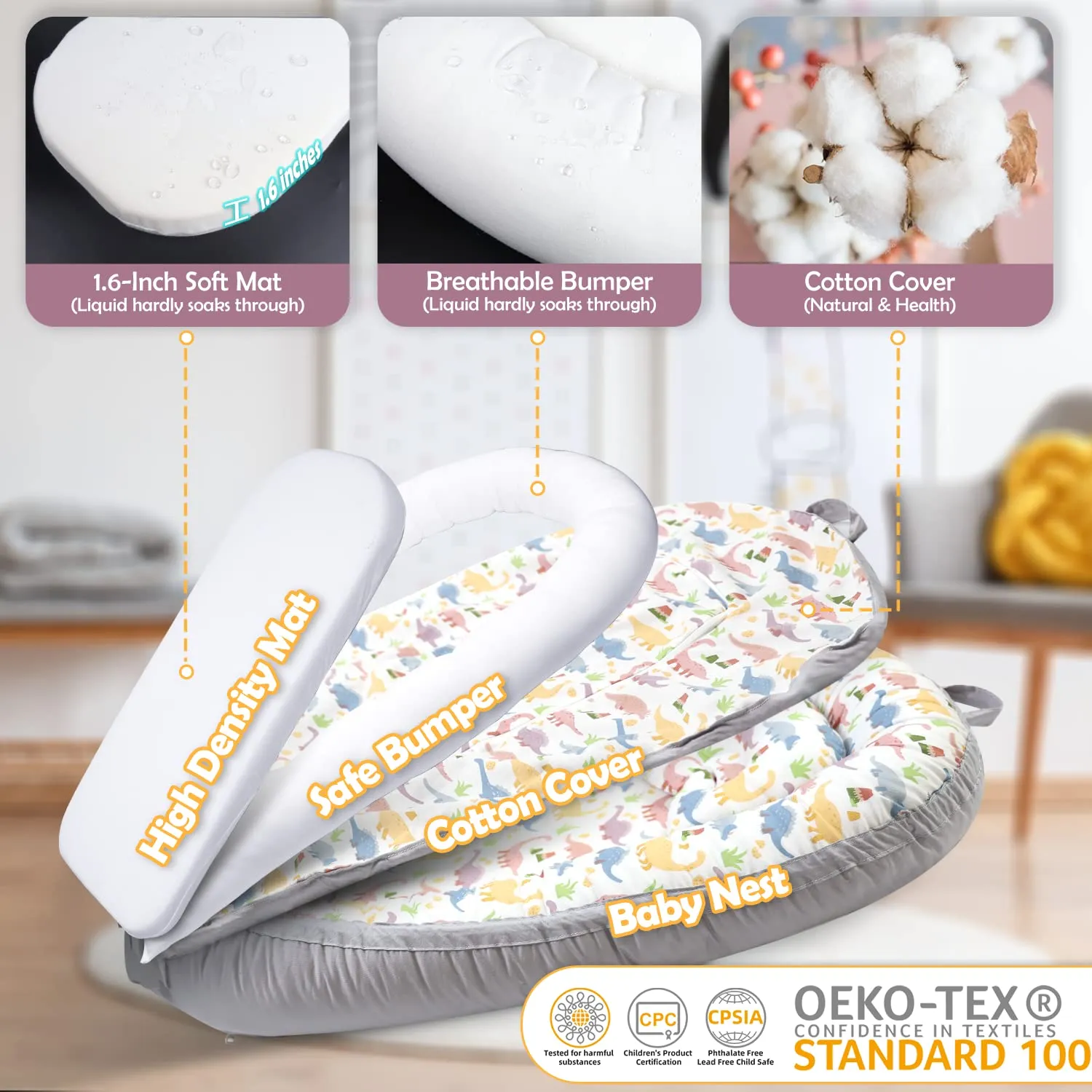 Baby Lounger, Ultra Breathable Soft Cotton Perfect for Tummy Time, Portable & Adjustable Infant Floor Seat for Traveling | Newborn Shower Gift