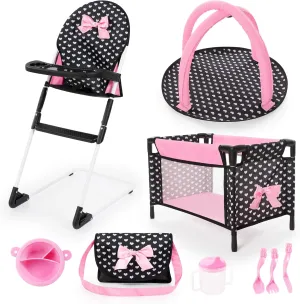 Bayer Design Dolls: Travel 9 Piece Set - Black, Pink, Hearts - Bed, Highchair, Playground & Accessories for Dolls Up to 18", Kids Toy, Ages 3 