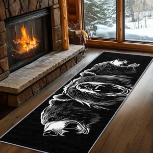 Bear Rugs for Cabin, Bear Runners for Hallways, 4x12ft, Grizzly Bear Man Cave Black and White Runner Rug, Cabin Animal Washable Non Slip Carpet Runner - Bear Home Decor
