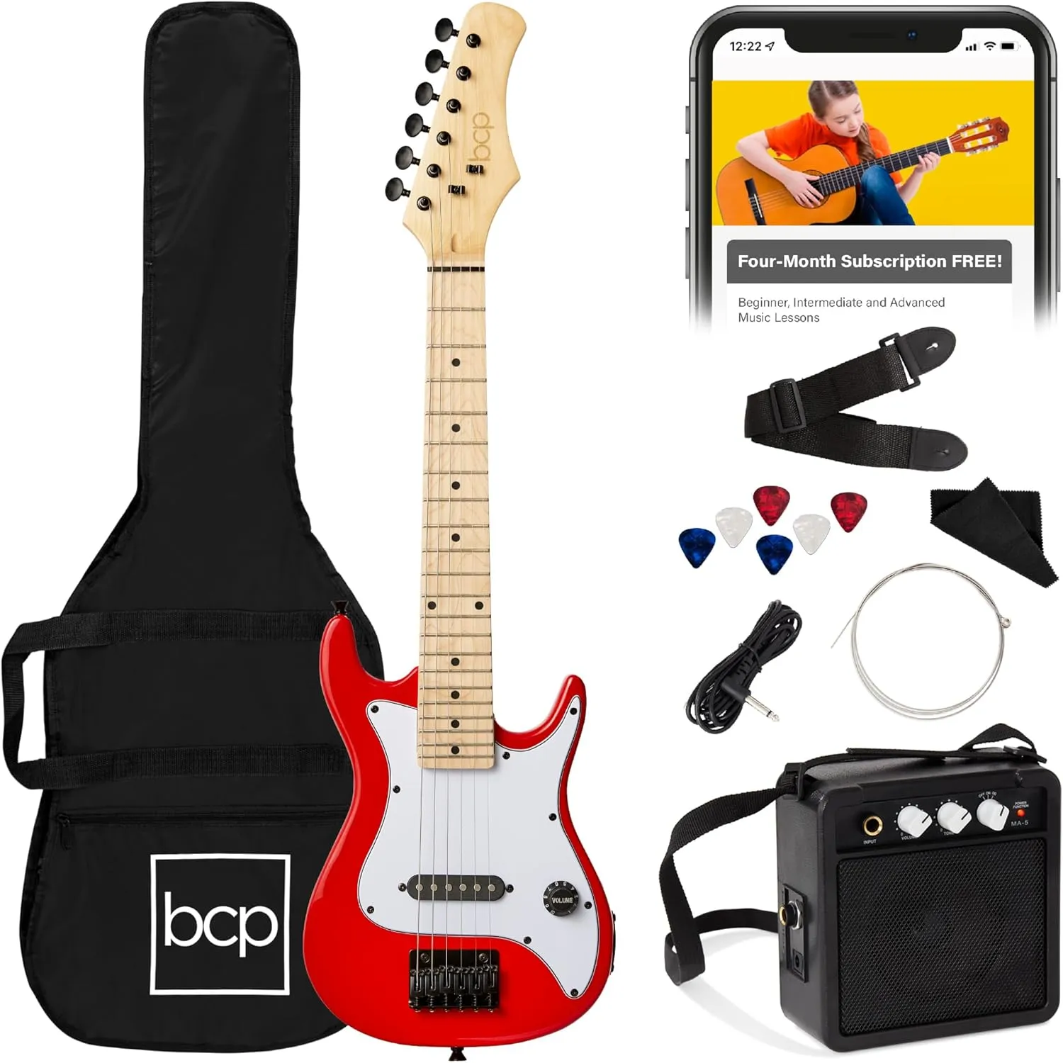 Best Choice Products 30in Kids Electric Guitar Beginner Starter Kit w/ 5W Amplifier, Strap, Gig Bag, Strings, Picks - Metallic Red