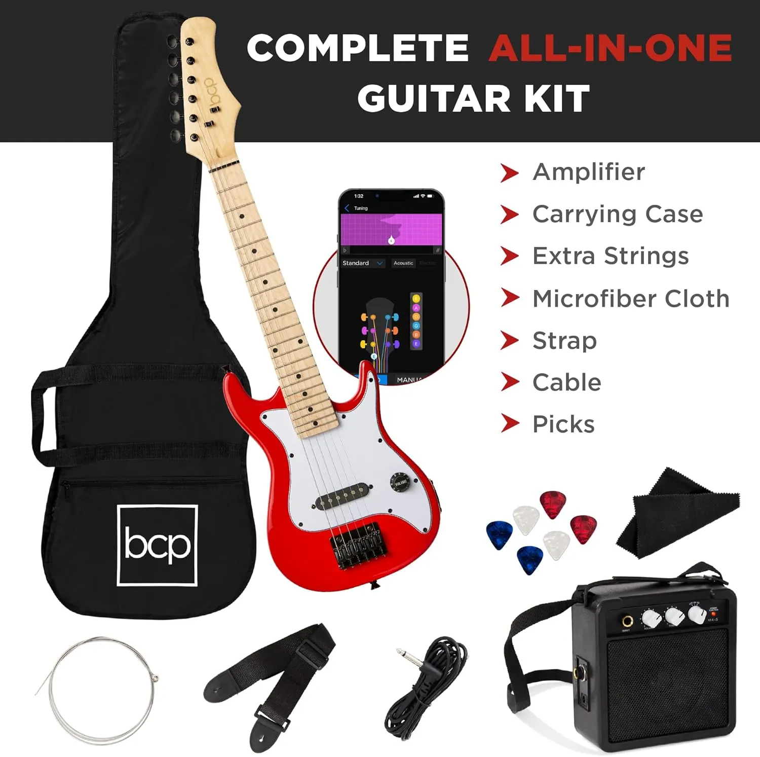 Best Choice Products 30in Kids Electric Guitar Beginner Starter Kit w/ 5W Amplifier, Strap, Gig Bag, Strings, Picks - Metallic Red