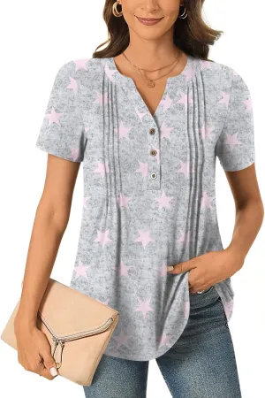 Bestbee Women's Summer Tops Short Sleeve Tunics Dressy Casual Blouses Henley Neck Button-Down Shirts