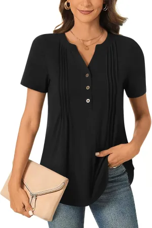 Bestbee Women's Summer Tops Short Sleeve Tunics Dressy Casual Blouses Henley Neck Button-Down Shirts