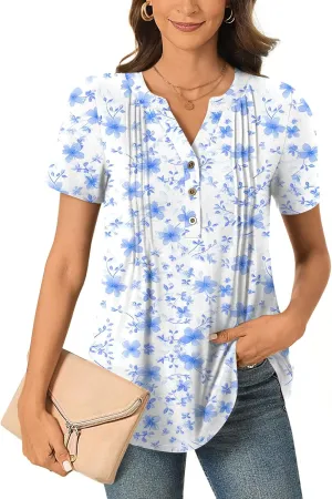 Bestbee Women's Summer Tops Short Sleeve Tunics Dressy Casual Blouses Henley Neck Button-Down Shirts