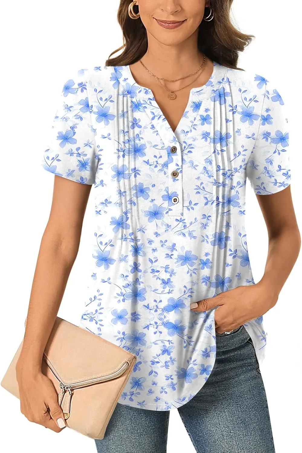 Bestbee Women's Summer Tops Short Sleeve Tunics Dressy Casual Blouses Henley Neck Button-Down Shirts