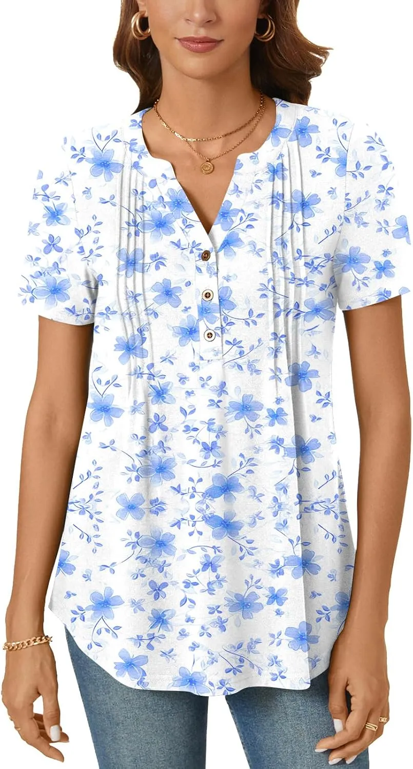 Bestbee Women's Summer Tops Short Sleeve Tunics Dressy Casual Blouses Henley Neck Button-Down Shirts