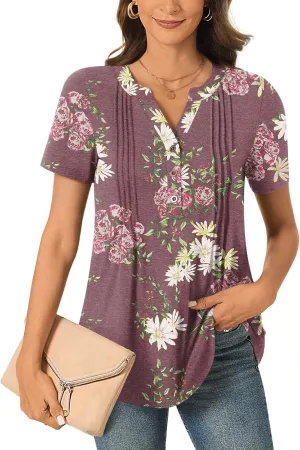 Bestbee Women's Summer Tops Short Sleeve Tunics Dressy Casual Blouses Henley Neck Button-Down Shirts
