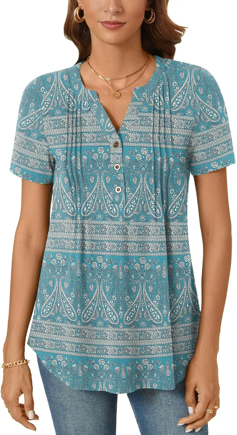 Bestbee Women's Summer Tops Short Sleeve Tunics Dressy Casual Blouses Henly Neck Button-Down Shirts