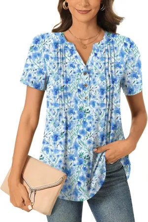 Bestbee Women's Summer Tops Short Sleeve Tunics Dressy Casual Blouses Henly Neck Button-Down Shirts