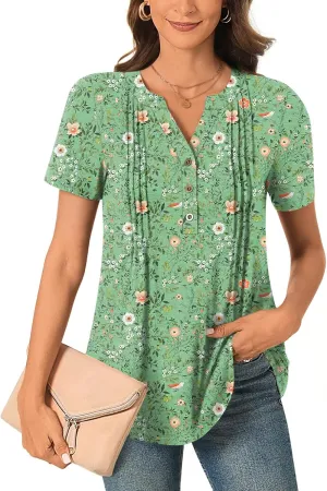 Bestbee Women's Summer Tops Short Sleeve Tunics Dressy Casual Blouses Henly Neck Button-Down Shirts
