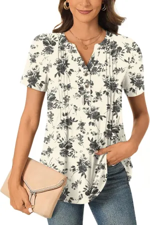 Bestbee Women's Summer Tops Short Sleeve Tunics Dressy Casual Blouses Henly Neck Button-Down Shirts