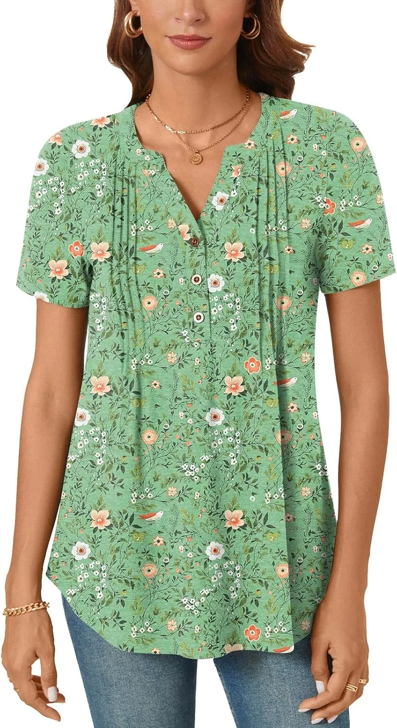 Bestbee Women's Summer Tops Short Sleeve Tunics Dressy Casual Blouses Henly Neck Button-Down Shirts