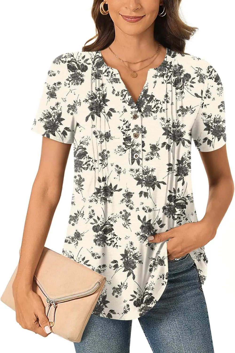 Bestbee Women's Summer Tops Short Sleeve Tunics Dressy Casual Blouses Henly Neck Button-Down Shirts