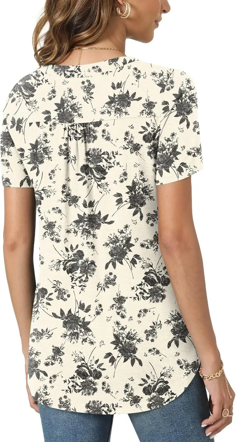 Bestbee Women's Summer Tops Short Sleeve Tunics Dressy Casual Blouses Henly Neck Button-Down Shirts