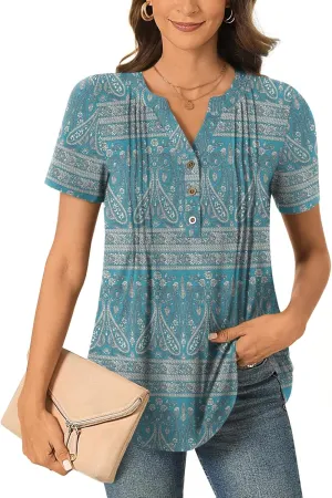 Bestbee Women's Summer Tops Short Sleeve Tunics Dressy Casual Blouses Henly Neck Button-Down Shirts