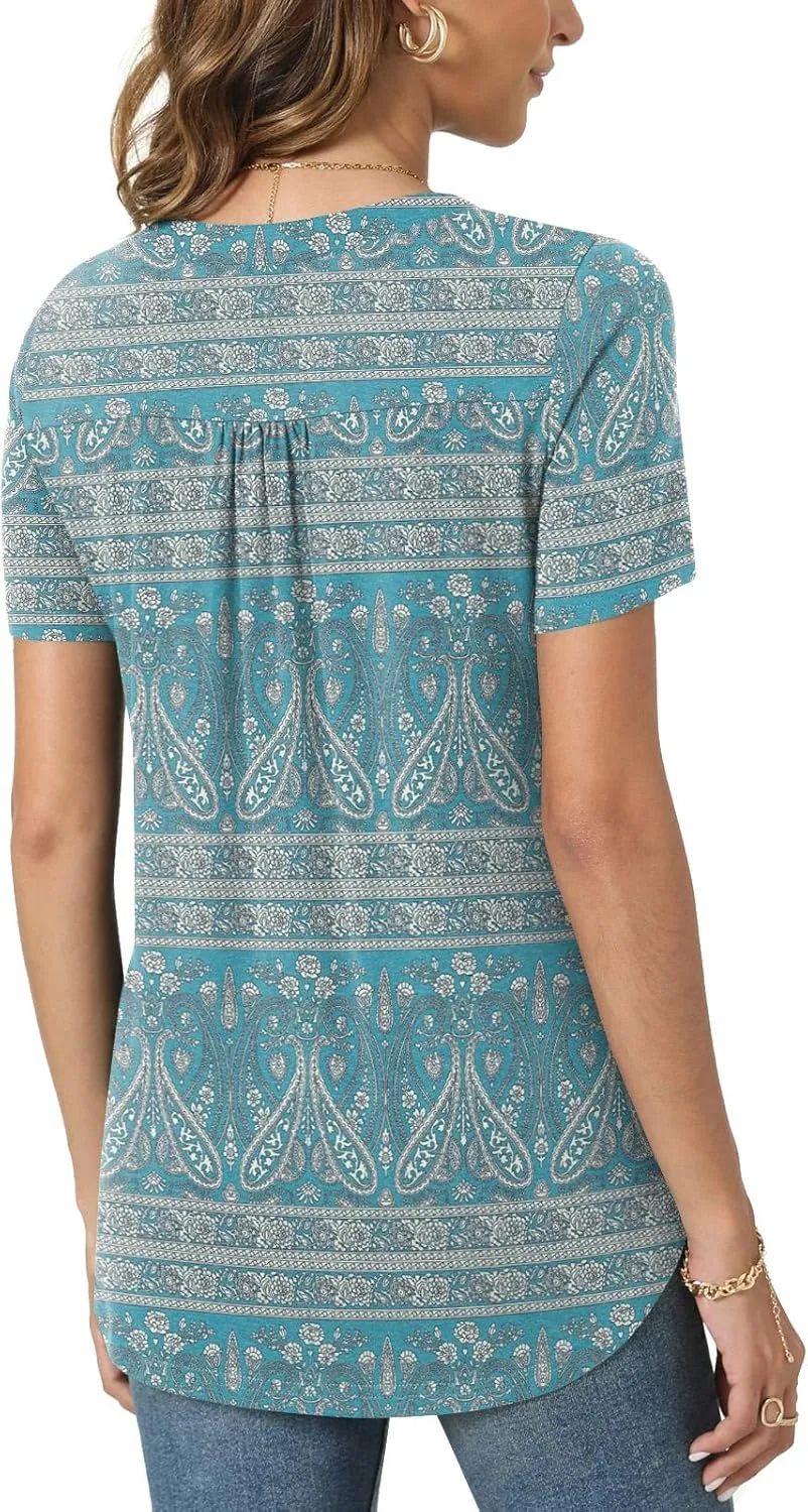 Bestbee Women's Summer Tops Short Sleeve Tunics Dressy Casual Blouses Henly Neck Button-Down Shirts