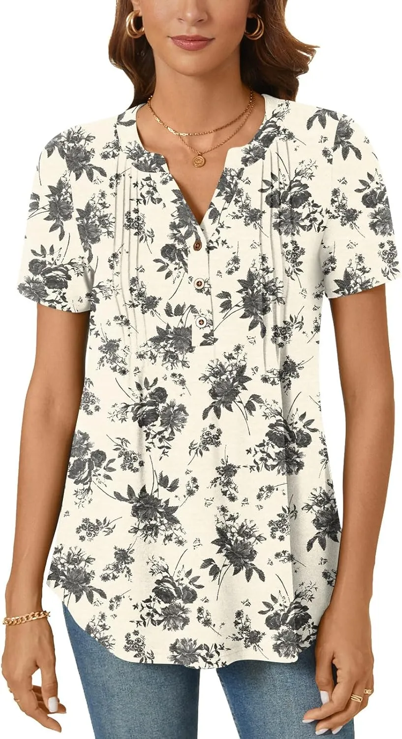 Bestbee Women's Summer Tops Short Sleeve Tunics Dressy Casual Blouses Henly Neck Button-Down Shirts