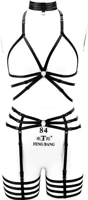 Body Harness Full for Women Garter Belts Set Strappy Adjust Gothic Punk Art Wear Elastic (Black N102)