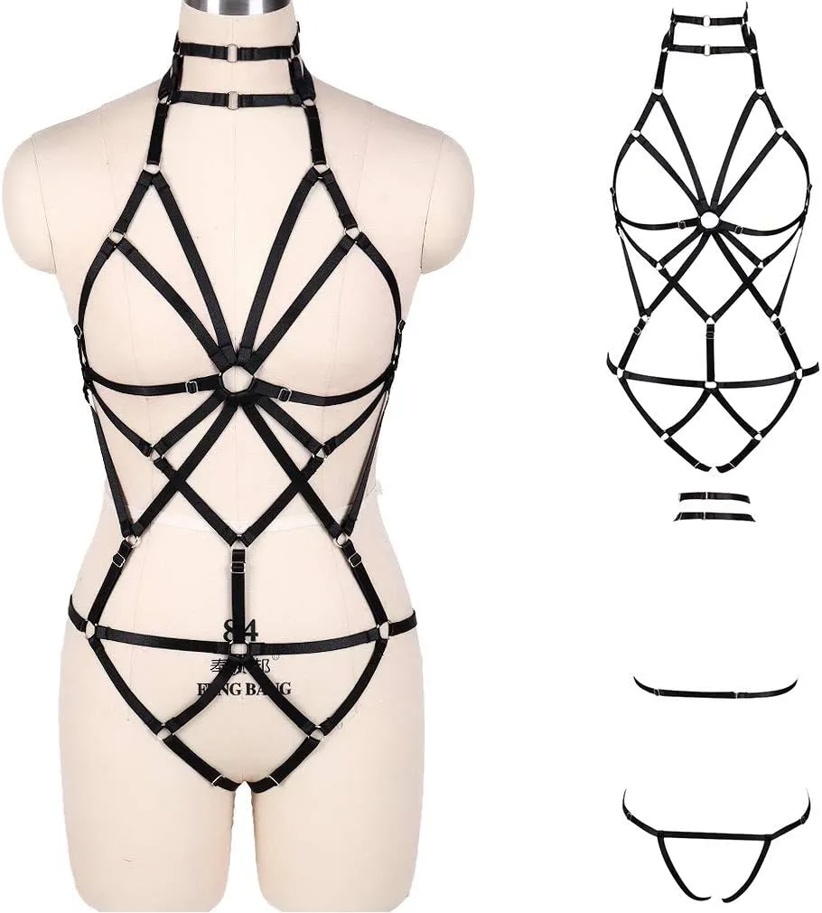 Body Harness Full for Women Garter Belts Set Strappy Elastic Adjust Size Punk Gothic Halloween