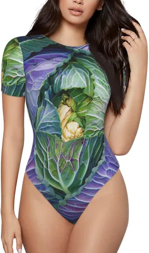 Bright Cabbage Print Women's Short-Sleeve Round Neck Bodysuit - Stretchy Seamless Onesie T Shirts,