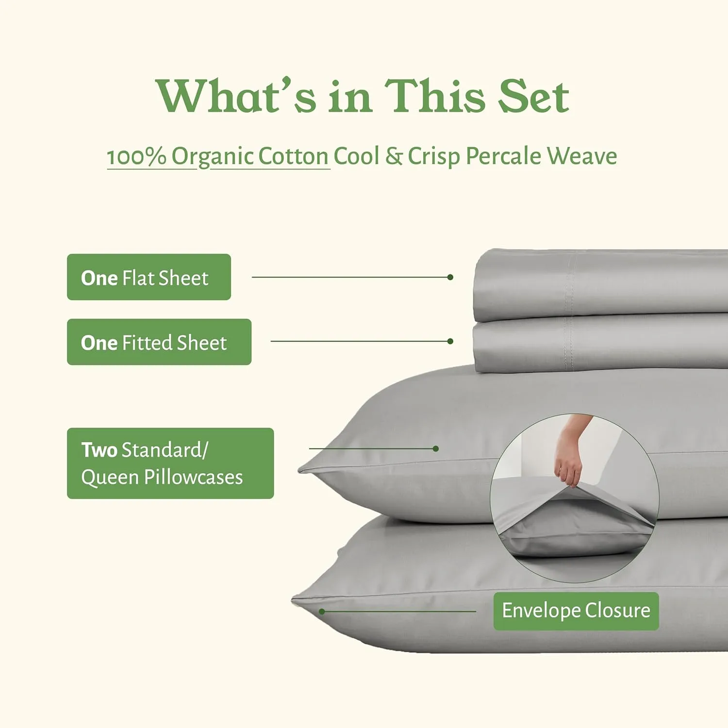 California Design Den Queen Bed Sheets - Soft 100% Organic Cotton Sheets with Deep Pockets, Crisp Percale, Breathable and Durable Bedding Set - Light Grey