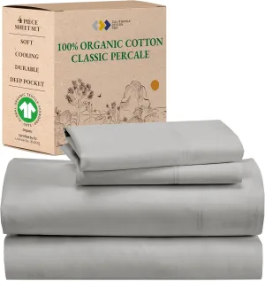 California Design Den Queen Bed Sheets - Soft 100% Organic Cotton Sheets with Deep Pockets, Crisp Percale, Breathable and Durable Bedding Set - Light Grey