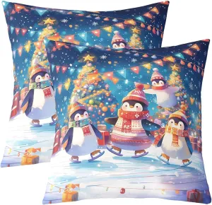 Cartoon Penguin Pillow Covers 18x18 Inch Set of 2 Colorful Christmas Lights New Year Cushion Covers for Kids Boys Girls Teens Lovely Wild Animal Winter Theme Pillow Cases for Bedroom Couch