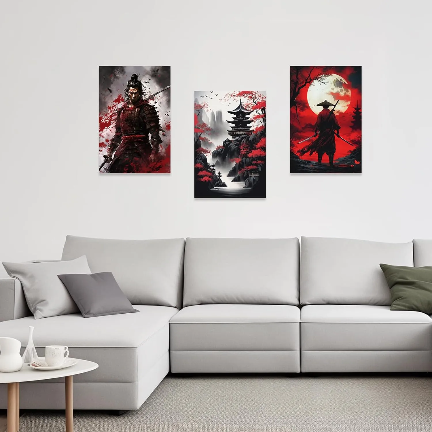 CCWACPP 3 Piece Samurai Wall Art Japan Painting Canvas Print Warrior Figure Pictures Bushido Posters Japanese Culture Theme Artwork Home Room Decor Framed (D, (11"x14"x3))