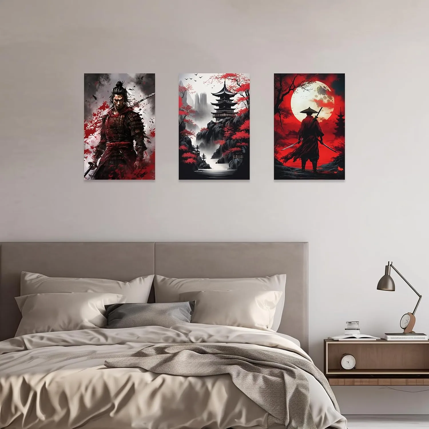CCWACPP 3 Piece Samurai Wall Art Japan Painting Canvas Print Warrior Figure Pictures Bushido Posters Japanese Culture Theme Artwork Home Room Decor Framed (D, (11"x14"x3))