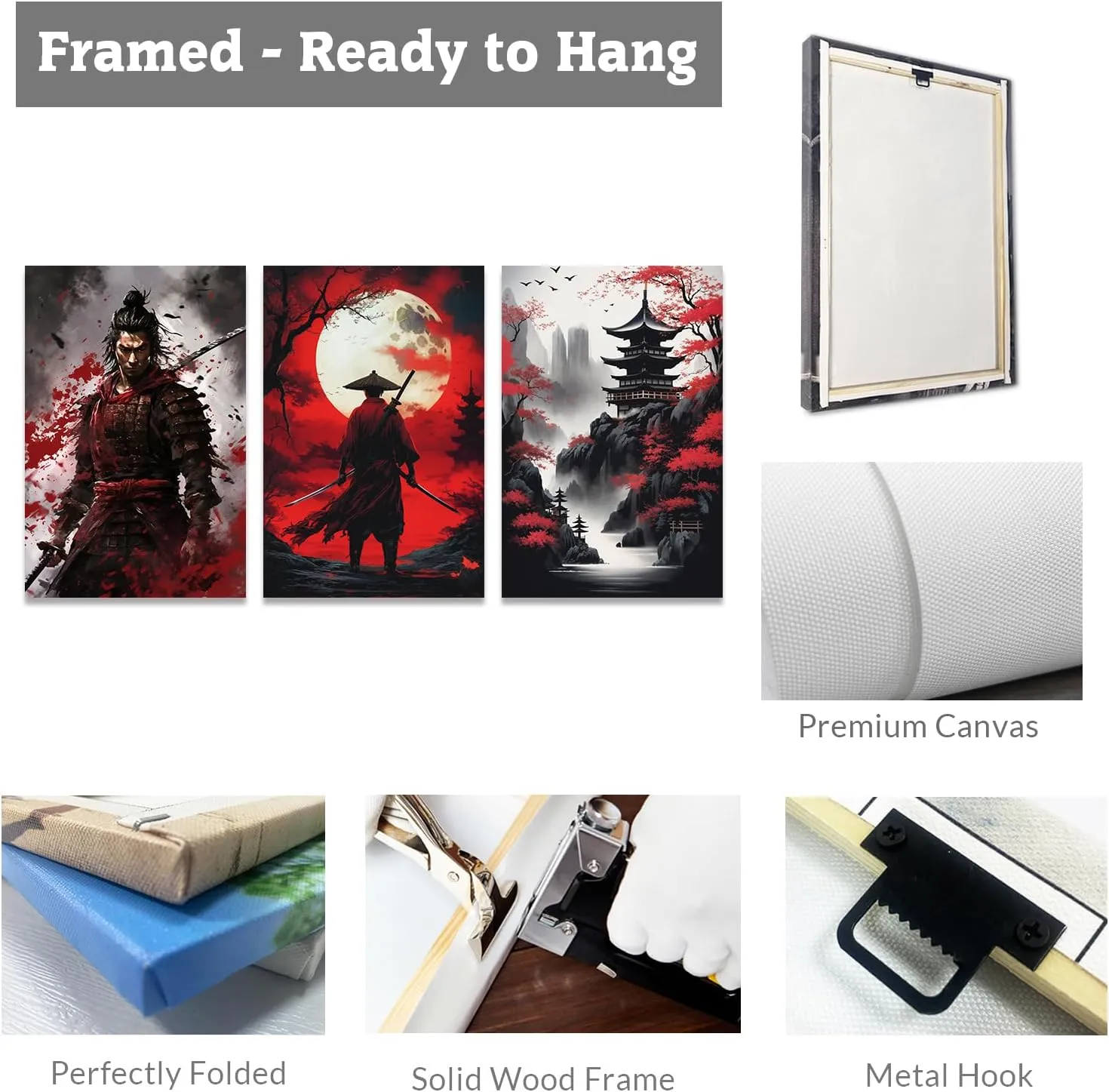 CCWACPP 3 Piece Samurai Wall Art Japan Painting Canvas Print Warrior Figure Pictures Bushido Posters Japanese Culture Theme Artwork Home Room Decor Framed (D, (11"x14"x3))